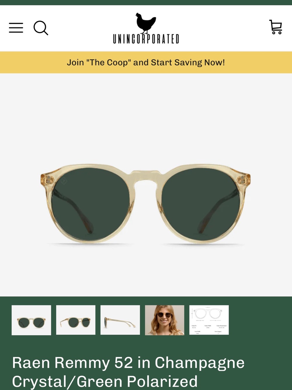 RAEN Remmy Sunglasses in Champagne Crystal with Green Lenses